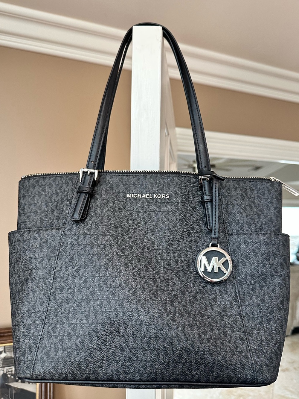 Michael Kors Black MK Monogram Tote with Silver Charm